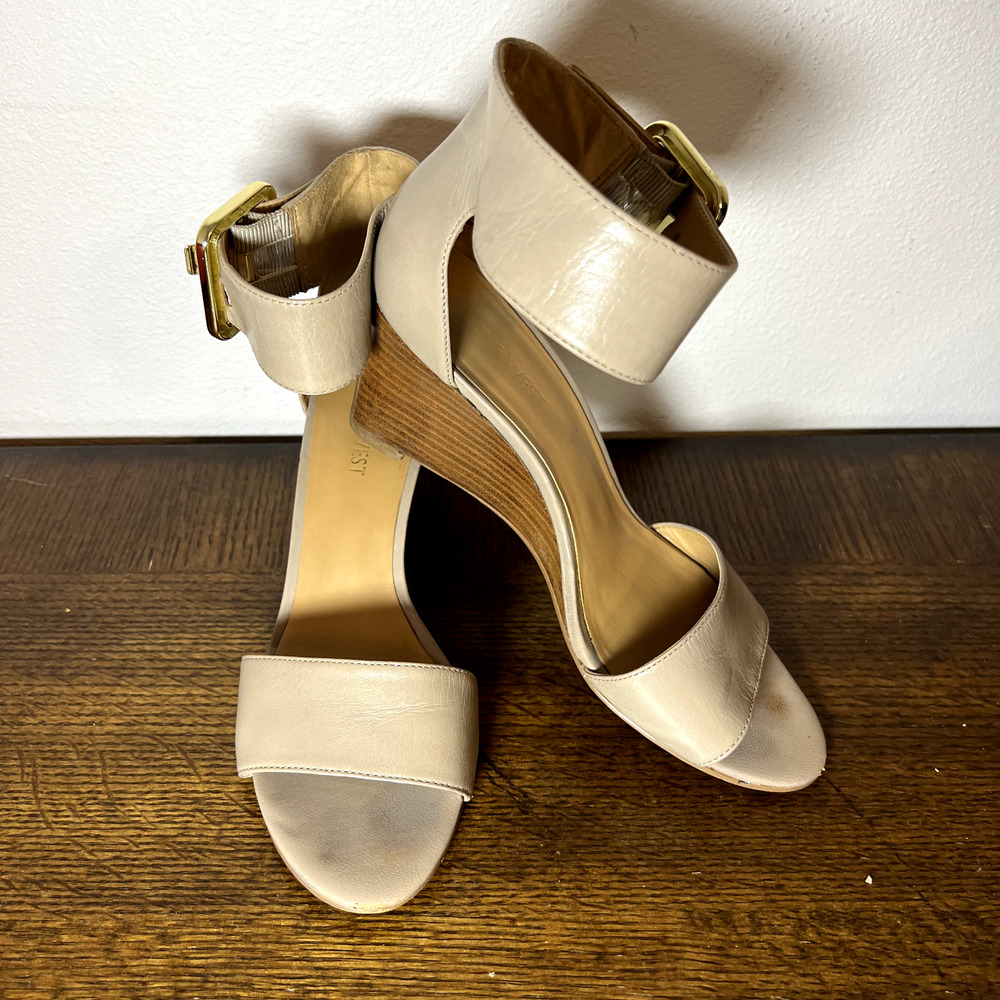 Nine West Narcissus Wood Wedge Heels Sandals Nude Open Toe Sz 7